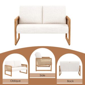 Apeaka Small Loveseat Sofa with Rattan Arms Linen Mini Couch for Living Room Bedroom Modern Upholstered Love Seat with Wood Legs Ivory