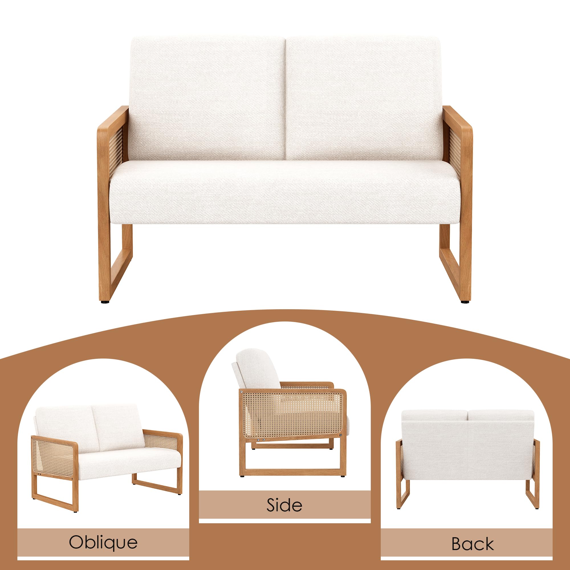 Apeaka Small Loveseat Sofa with Rattan Arms Linen Mini Couch for Living Room Bedroom Modern Upholstered Love Seat with Wood Legs Ivory