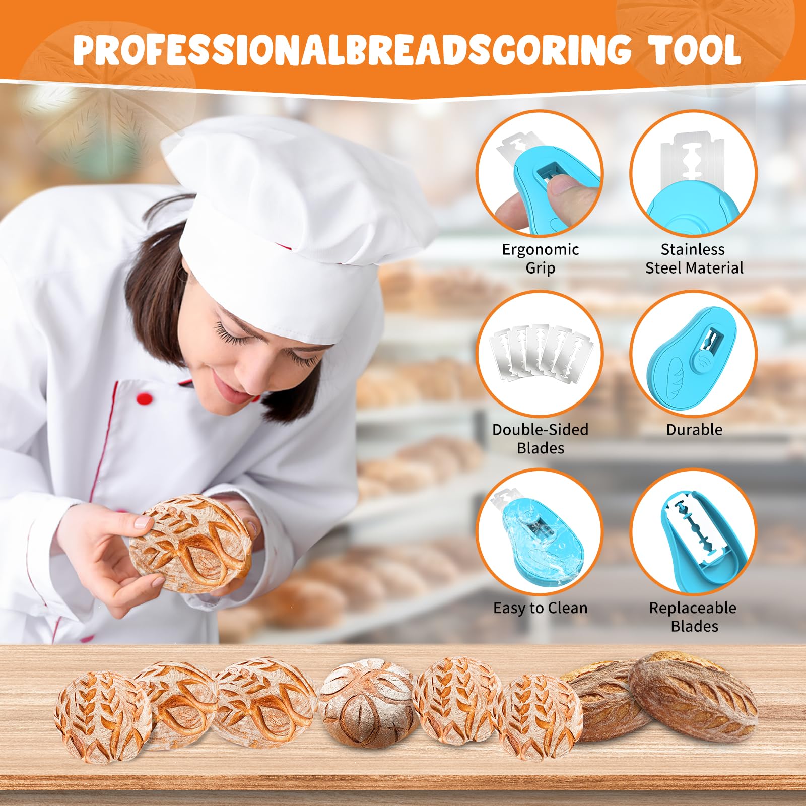 NeoRov Extractable & Magnetic Bread Lame Dough Scoring Tool - Professional Sourdough Scoring Tool - Sourdough Bread Baking & Bread Scoring Tool - Scoring Patterns booklet & 5 Razor Blades (Blue)