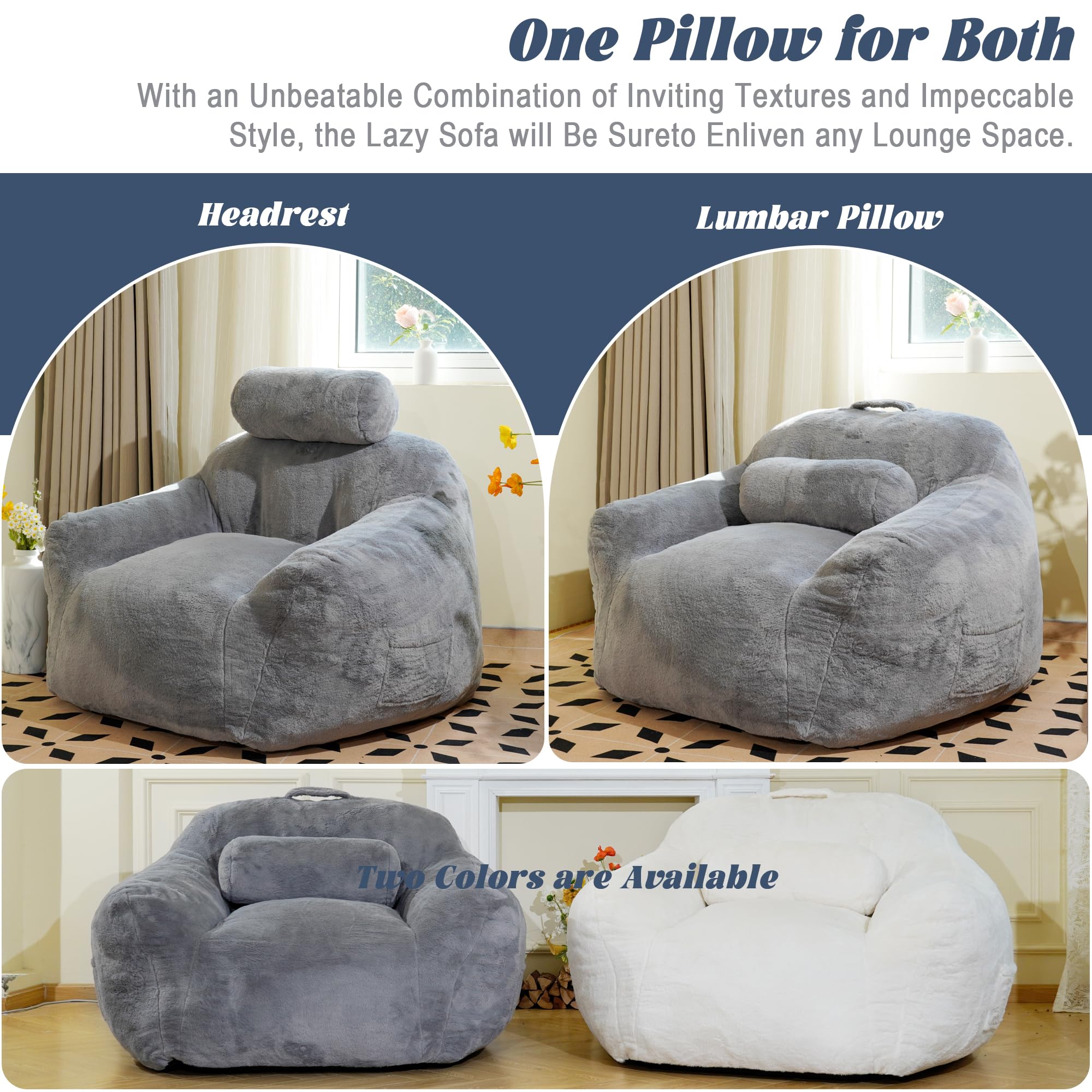 LFCREATOR Giant Bean Bag Chair for Adults, Faux Fur Fabric Large Bean Bag Chair, Comfortable Bean Bag Sofa Chair with Ergonomic Support for Living Room, Bedroom, Gray.