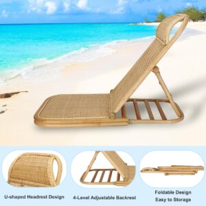 Sienson Beach Chair Folding Portable, 4-Level Adjustable Chaise Lounge, Rattan Beach Chair, Floor Wood Chair,Pool Lounger Recliner, Portable Wicker Beach for Pool Home Yoga Meditate Office Relaxation