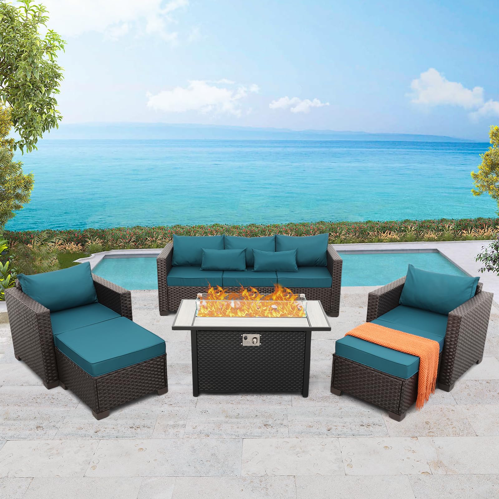 Patio Furniture Set 6-Piece Outdoor Furniture Set with 45'' Propane Gas Fire Pit Table Outdoor Conversation Set Wicker Sofa Set Non-Slip Cushions Waterproof Covers, Peacock Blue