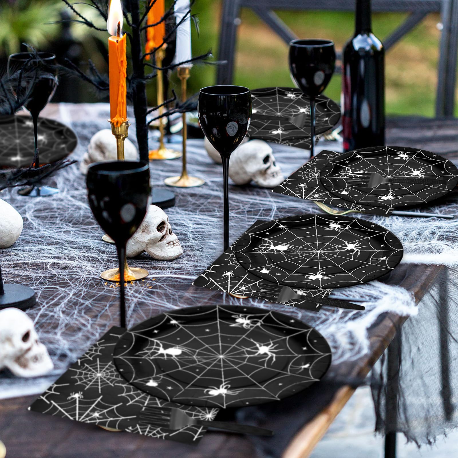 96 Pieces Halloween Spider Web Tableware Party Supplies - Disposable Dinnerware Set with Paper Plates, Napkins, and Forks for Spooky Halloween Party Supplies, Birthday Decorations - Serves 24 (Black)