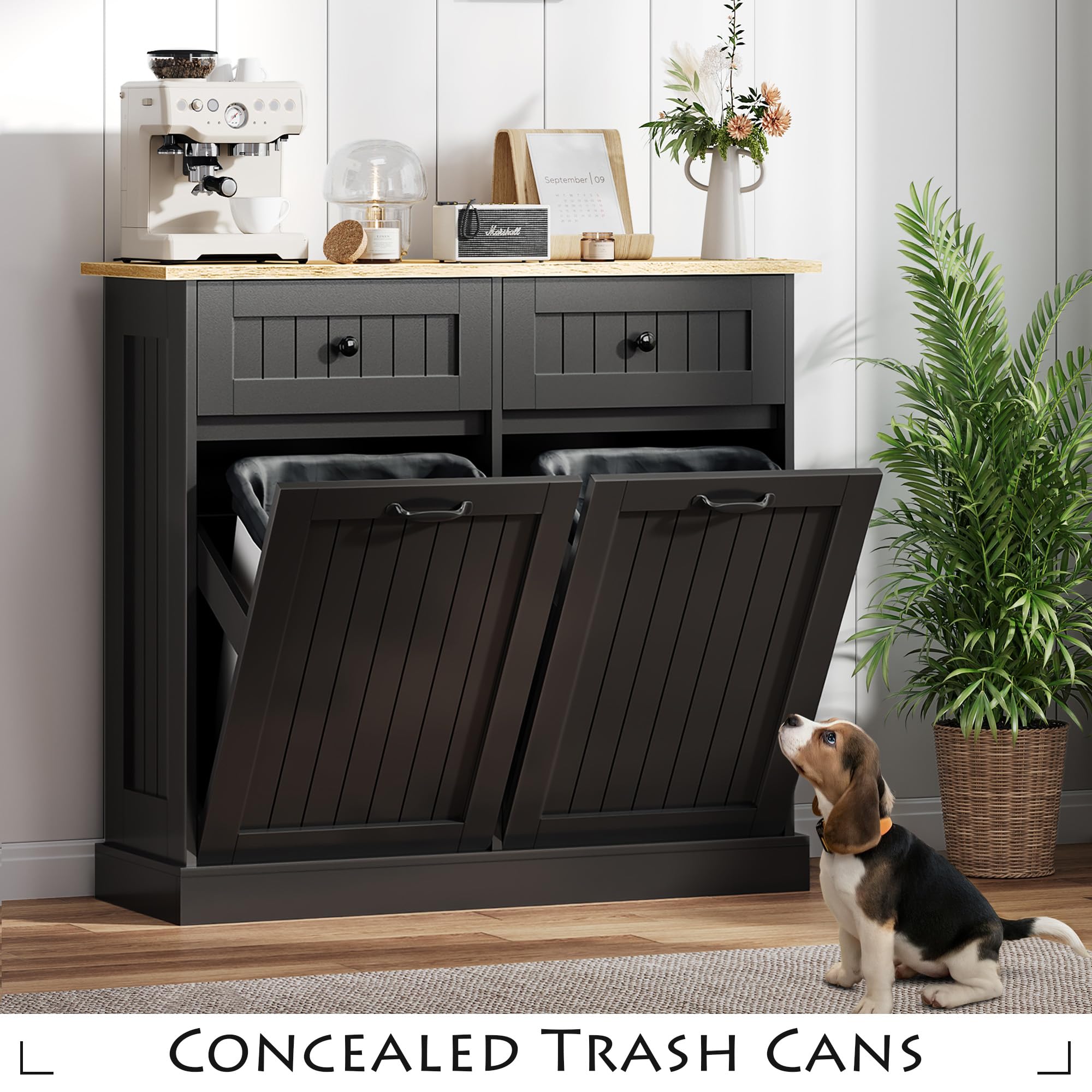 HTK Double Tilt Out Trash Cabinet – Farmhouse Style Hidden Trash Bin with 2 Drawers, Tilt Out Kitchen Trash Can Cabinet for Pantry and Laundry Room, Fits Two 10-Gallon Bins (Black)