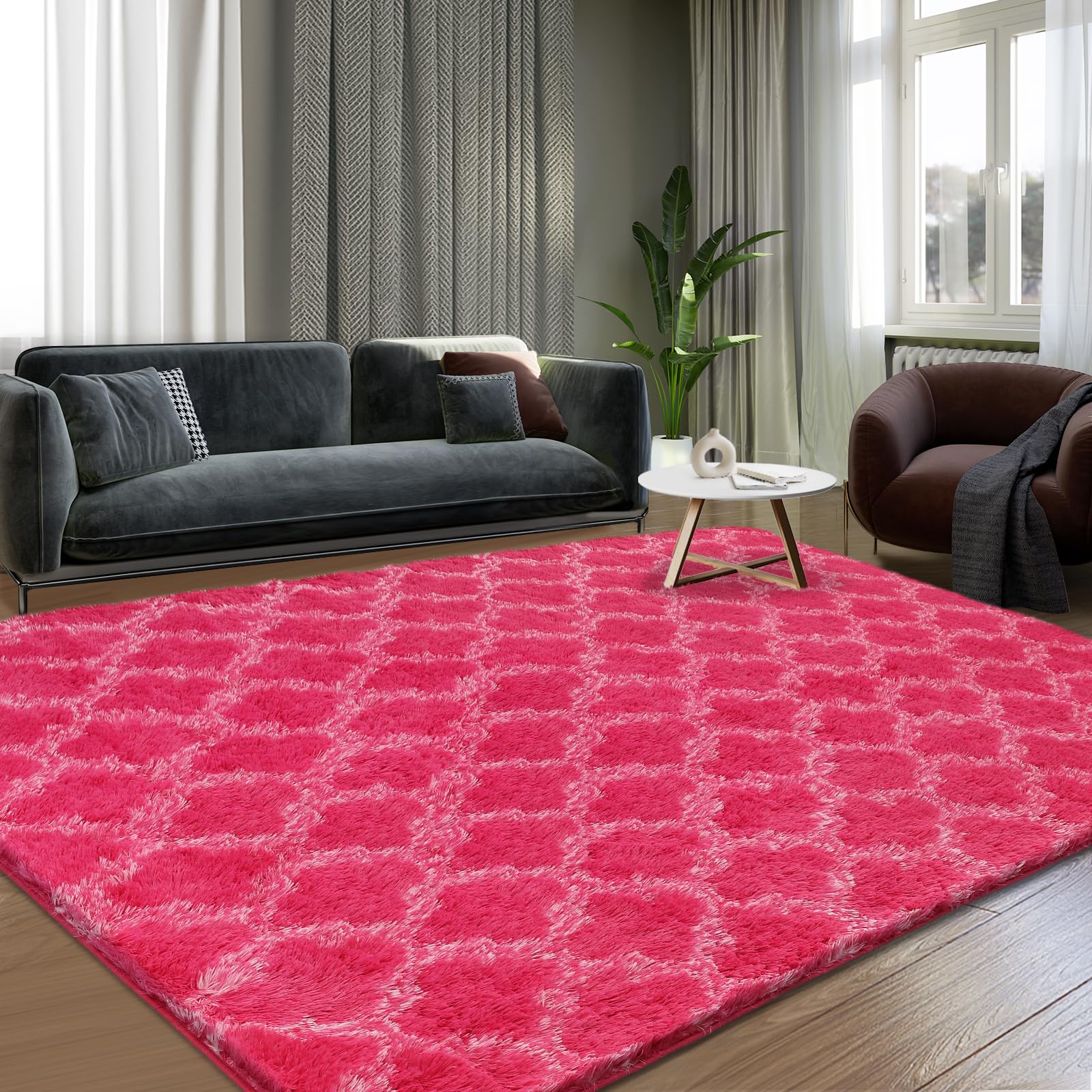 Puremy Luxury Rugs for Living Room, 3.8x6 Fluffy Area Rug Ultra Soft Indoor Carpet for Bedroom, Kids Room, Playroom, Home Decor, Geometric, Hot Pink/White