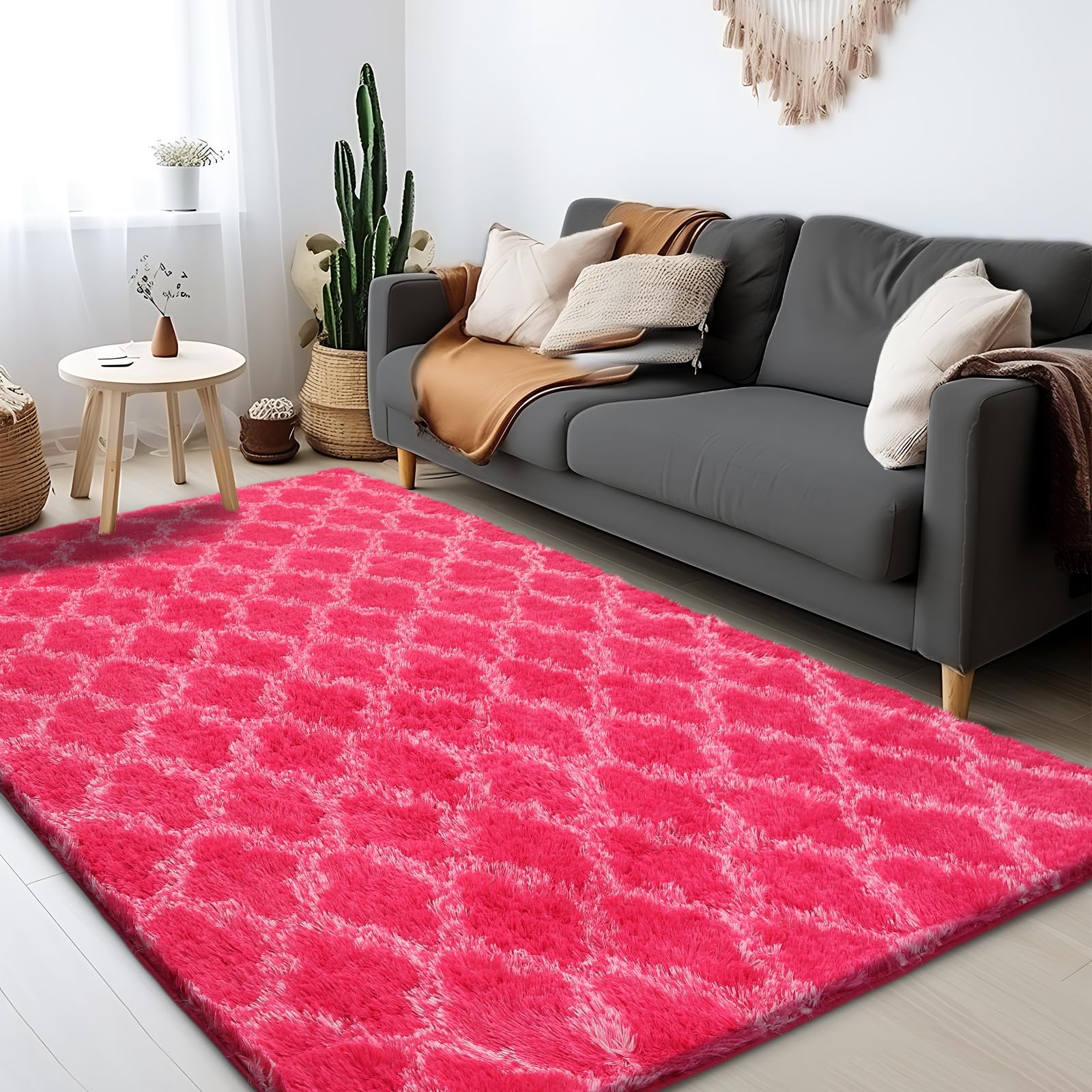 Puremy Luxury Rugs for Living Room, 3.8x6 Fluffy Area Rug Ultra Soft Indoor Carpet for Bedroom, Kids Room, Playroom, Home Decor, Geometric, Hot Pink/White