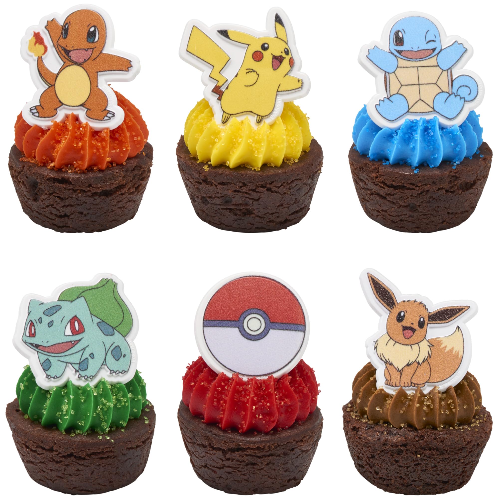 DecoPac Pokémon Rings, Cupcake Decorations With Pikachu, Bulbasaur, Eevee, Charmander, Squirtle, and Poké Ball, Multicolored Food Safe Cake Toppers – 24 Pack