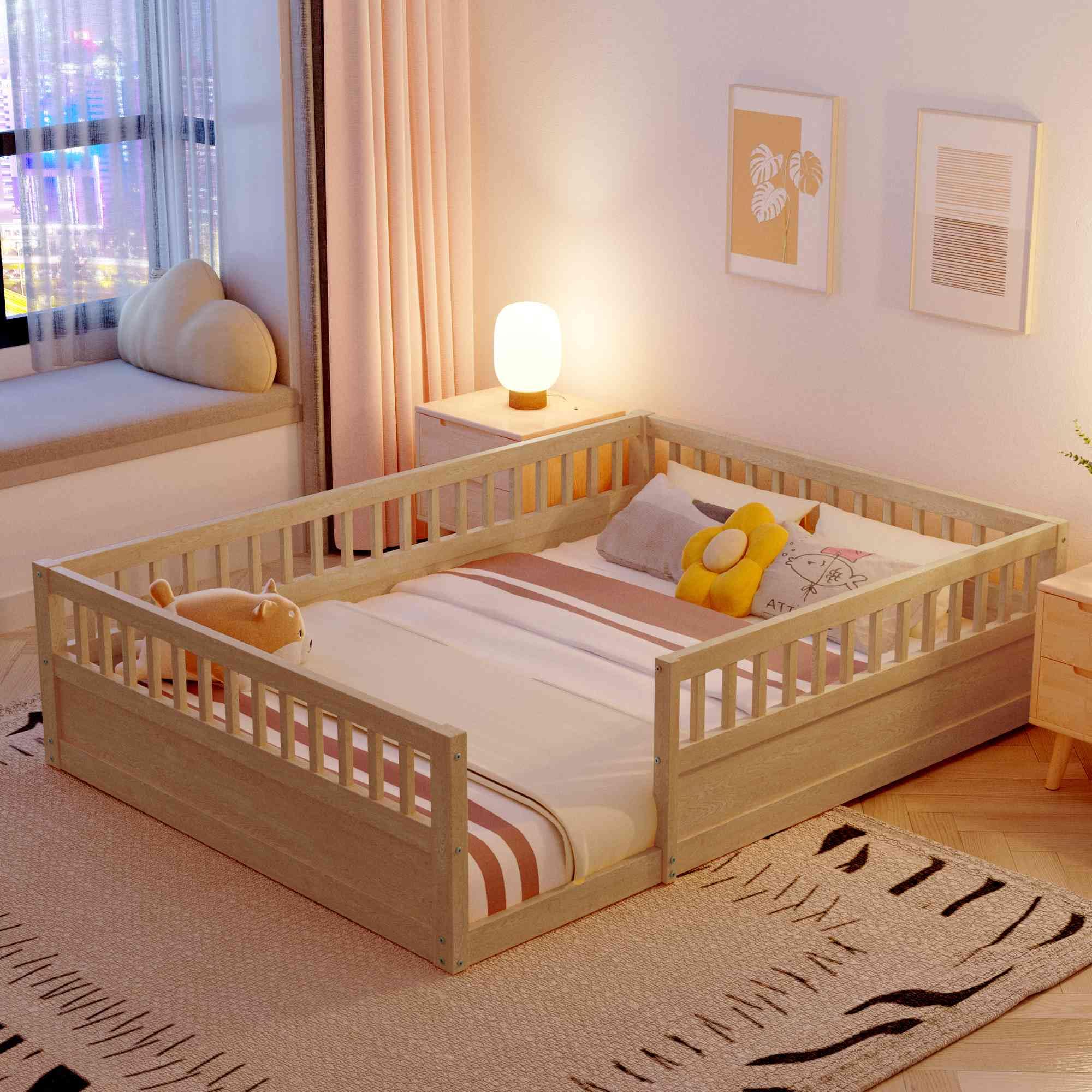 ATY Wooden Full Size Floor Bed with Fence, Wood Slat Support Bedframe for Kids, Toddlers, Easy Assemble & Space Saving Design, Natural