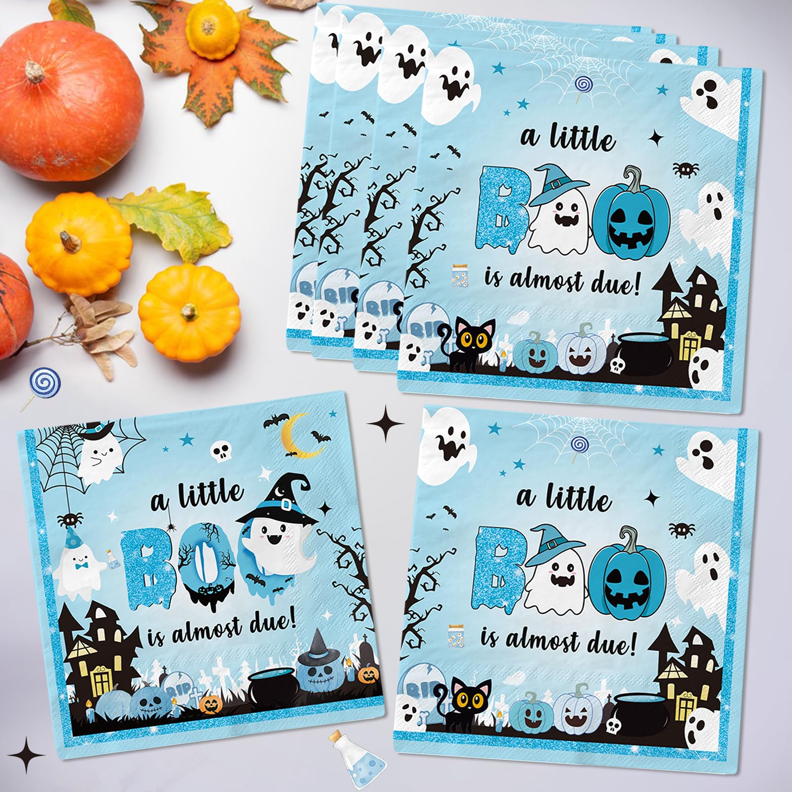 48Pcs A Little Boo Is Almost Due Baby Shower Boy Halloween Napkins Little Boo Baby Shower Decorations Boy for Blue Halloween Baby Shower Decorations Boy