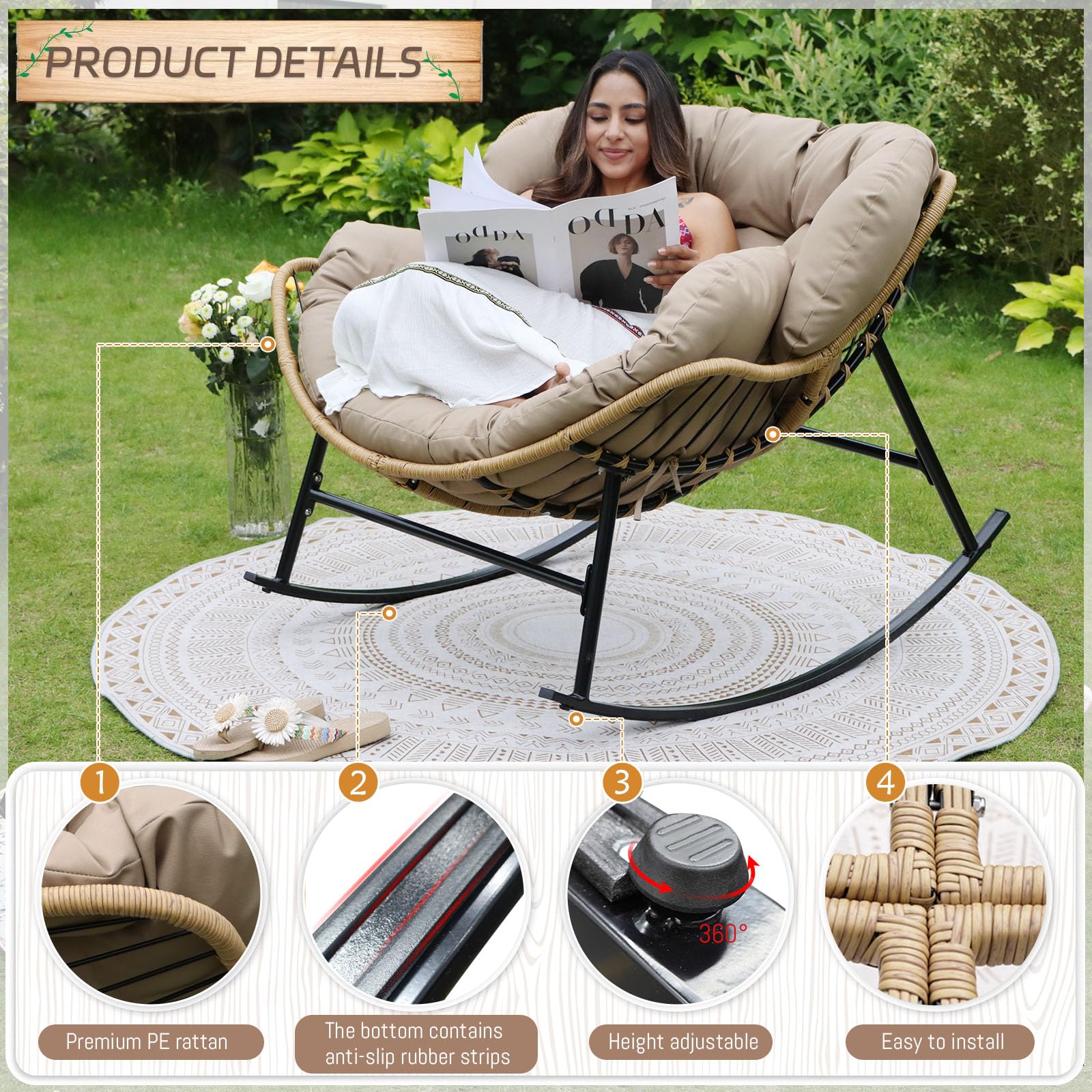 BULEXYARD Outdoor Papasan Rocking Chair with Padded Cushion, Oversized PE Rattan Comfy Royal Rocking Lounge Chair, Modern Comfy Patio Egg Chair Indoor Outdoor (1 pc, Brown)