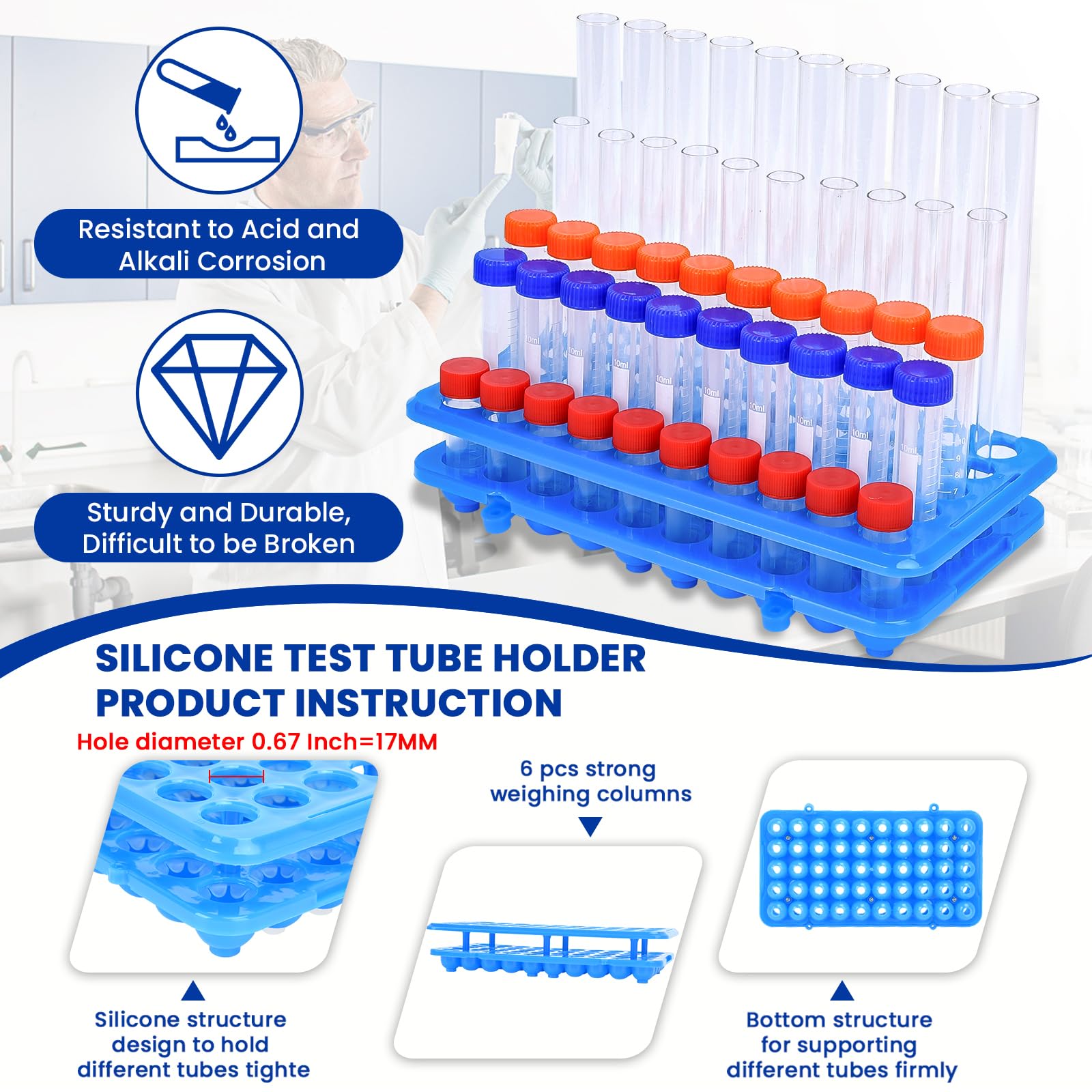 Lab Test Tube Holder Rack Plastic Tube Holder with Silicone Fixing pad centrifuge Tube Stand Rack for 5ml 10ml 15ml(1, Blue, 1pcs 9.7In*5.5In* 1.9In)