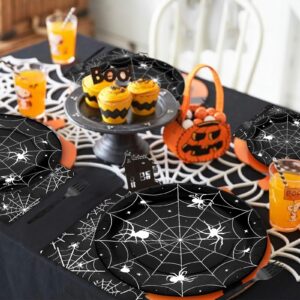 96 Pieces Halloween Spider Web Tableware Party Supplies - Disposable Dinnerware Set with Paper Plates, Napkins, and Forks for Spooky Halloween Party Supplies, Birthday Decorations - Serves 24 (Black)