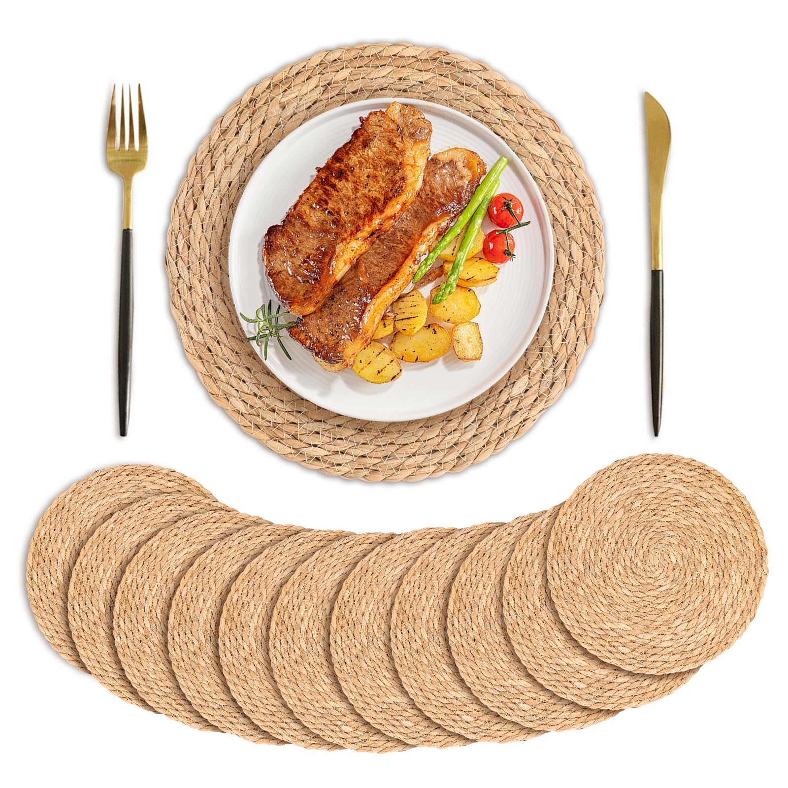 KesaPlan Round Woven Placemats Set of 12, 12" Round Rattan Placemats, Natural Wicker Placemats, Hand-Woven Water Hyacinth Placemats, Boho Placemats, Non-Slip, Heat Resistant for Dining Table Party