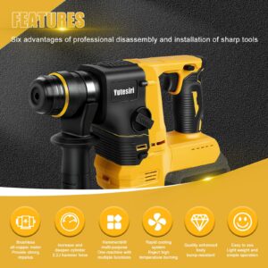 Yutesiri Rotary Hammer Drill for Dewalt 20V MAX Battery, Brushless Cordless with Safety Clutch for Concrete/Masonry,1400 RPM,2 Application Modes with 360°Auxiliary Handle, Including 4 Drill Bits