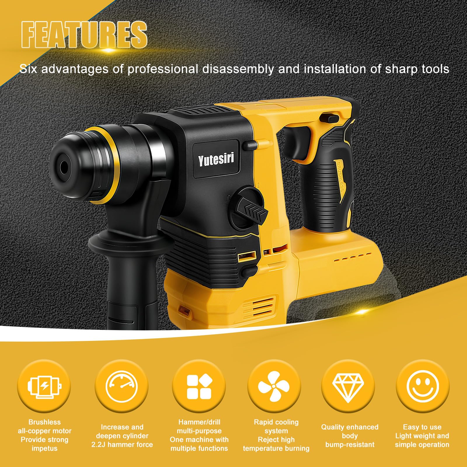 Yutesiri Rotary Hammer Drill for Dewalt 20V MAX Battery, Brushless Cordless with Safety Clutch for Concrete/Masonry,1400 RPM,2 Application Modes with 360°Auxiliary Handle, Including 4 Drill Bits