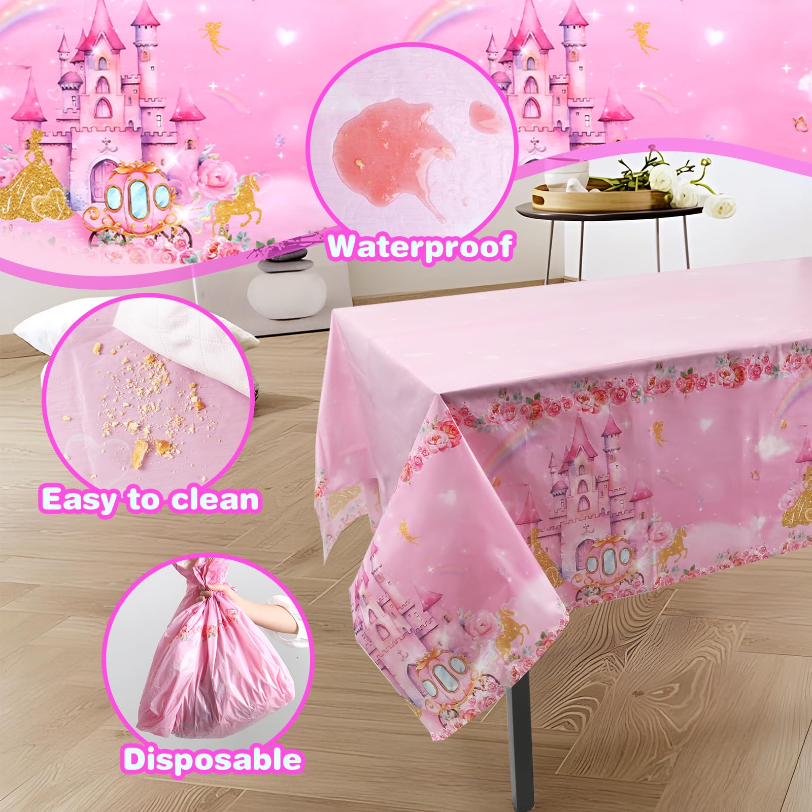 DYLZB 3PCS Pink Princess Party Tablecloths, Princess Castle Theme Party Table Cover for Girl Birthday Party Decorations, Baby Shower Supplies, 54 x 108inch