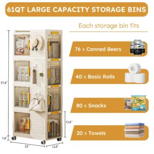 4 Tier Collapsible Storage Bins with Lids,61QT/15.3GAL Plastic Foldable Storage Containers Box,Stackable Closet Organizers and Storage,for Bedroom Study Toy Room Office,Dorm Room,Cream White