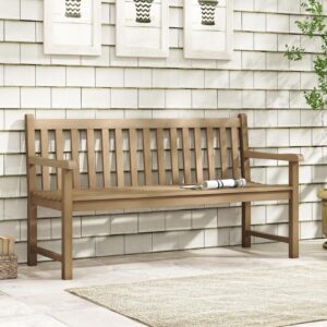 Tangkula 62" Outdoor Teak Wood Bench, 3-Person Garden Patio Bench with Backrest, Armrests and Slatted Seat, Porch Bench for Yard, Lawn, Deck and Entryway