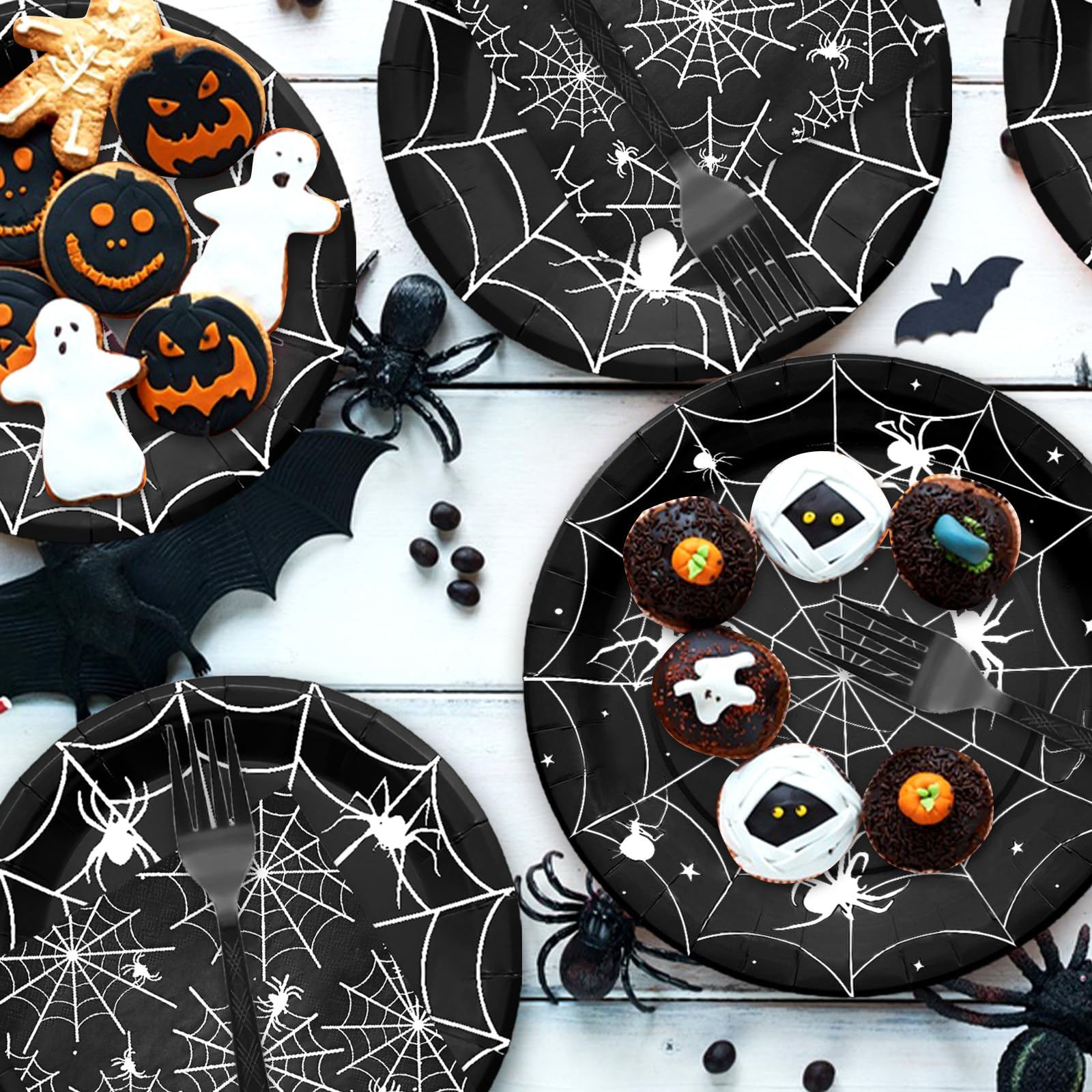 96 Pieces Halloween Spider Web Tableware Party Supplies - Disposable Dinnerware Set with Paper Plates, Napkins, and Forks for Spooky Halloween Party Supplies, Birthday Decorations - Serves 24 (Black)