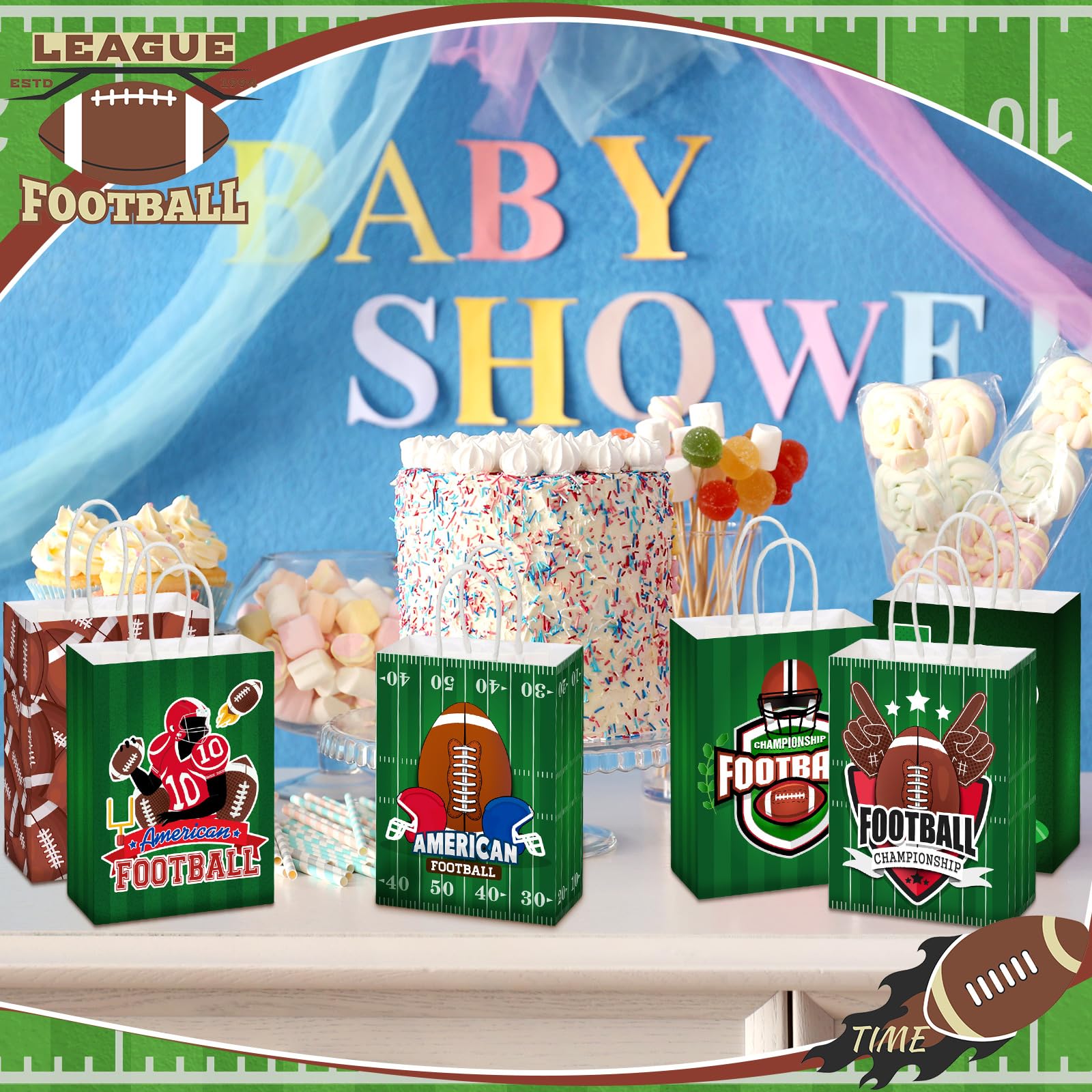 Outus 24 Pcs Football Party Favor Bags with Handles Football Paper Goodie Bags Sports Gift Candy Treat Bags Football Theme Party Decorations for Birthday Party Baby Showers Supplies