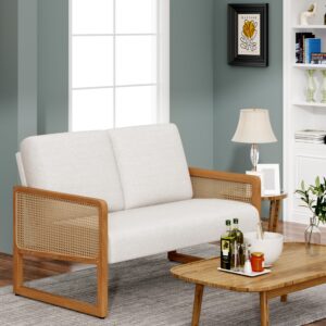 Apeaka Small Loveseat Sofa with Rattan Arms Linen Mini Couch for Living Room Bedroom Modern Upholstered Love Seat with Wood Legs Ivory