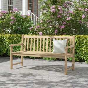 Tangkula 62" Outdoor Teak Wood Bench, 3-Person Garden Patio Bench with Backrest, Armrests and Slatted Seat, Porch Bench for Yard, Lawn, Deck and Entryway