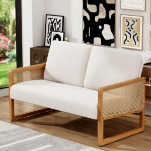 apeaka small loveseat sofa with rattan arms linen mini couch for living room bedroom modern upholstered love seat with wood legs ivory