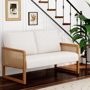 Apeaka Small Loveseat Sofa with Rattan Arms Linen Mini Couch for Living Room Bedroom Modern Upholstered Love Seat with Wood Legs Ivory