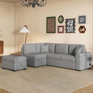 eafurn convertible sleeper sectional sofa with pull out bed and movable ottoman, l shaped reversible couch with hidden arm storage & usb charge, 4 seat corner sofa&couches for living room, gray 87.4"