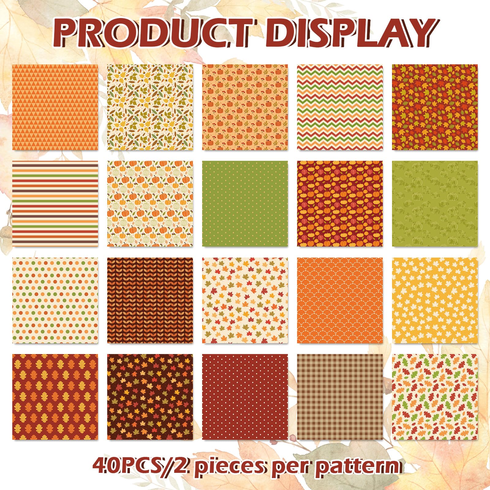 JarThenaAMCS 40Pcs Fall Cotton Fabric Bundles 10 x 10 Inch Maple Leaf Pumpkin Dot Plaid Stripe Fat Quarters Autumn Thanksgiving Sewing Fabrics for DIY Craft Party Decor