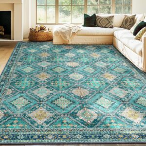 CAPALOCA Area Rug 6x9 Area Rugs Print Machine Washable Area Rug Vintage Boho Area Rug Bohemian Distressed Carpet Non Slip Low Pile Stain Resistan for Living Room Bedroom Teal/Blue/Purple