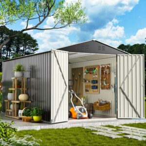 VIWAT 8' x 12' Outdoor Steel Storage Shed with Updated Frame Structure and Lockable Doors, Metal Shed Upgrade Height Ideal for Garden, Backyard, and Patio Utility and Tool Storage