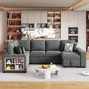 merax 109" large sectional sleeper sofa with pull out bed, storage chaise/shelf & usb ports, dark gray oversized 5 seat u-shaped couch set, convertible sofabed for living room and apartment, grey