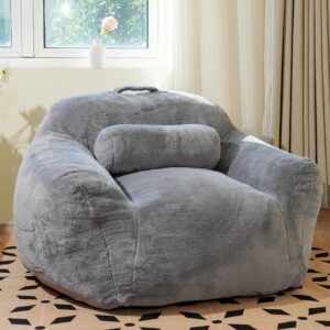 lfcreator giant bean bag chair for adults, faux fur fabric large bean bag chair, comfortable bean bag sofa chair with ergonomic support for living room, bedroom, gray.