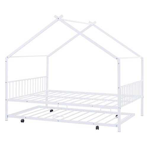 Merax Full Size Metal Floor House Bed Frame with Trundle for for Bedroom Dorm,Boys,Girls