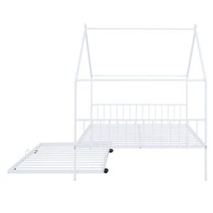 Merax Full Size Metal Floor House Bed Frame with Trundle for for Bedroom Dorm,Boys,Girls