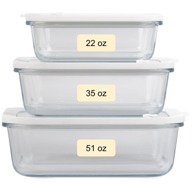 Sio GLASS storage containers with GLASS lids, NO PLASTIC, Set of 3, Airtight Small Medium Large for Food Meal Prep, Silcone Snapware Bowl Container