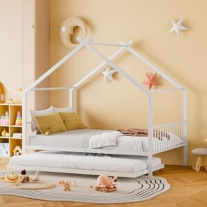 merax full size metal floor house bed frame with trundle for for bedroom dorm,boys,girls