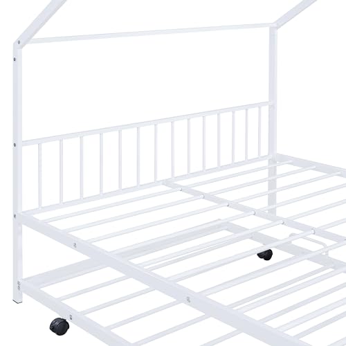 Merax Full Size Metal Floor House Bed Frame with Trundle for for Bedroom Dorm,Boys,Girls