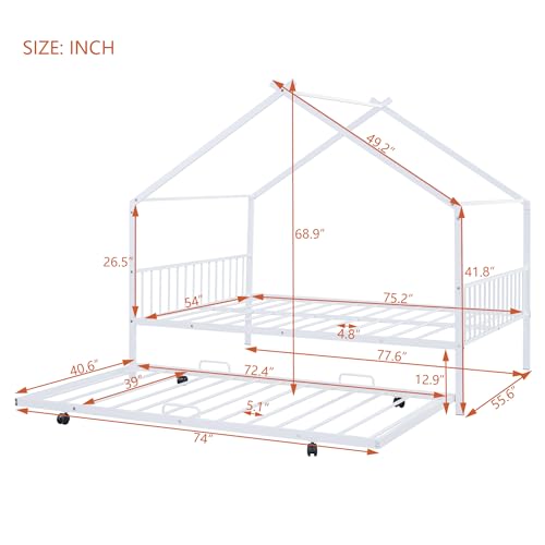 Merax Full Size Metal Floor House Bed Frame with Trundle for for Bedroom Dorm,Boys,Girls