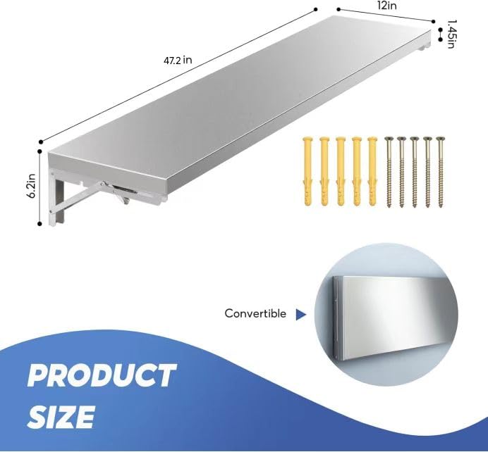 AshKiz Concession Shelf 48" L x 12" W, Foldable Concession Shelf, Folding Concession Shelf for Food Truck, Stainless Steel Drop Down Folding Serving Food Shelf Stand Serving for Concession Windows