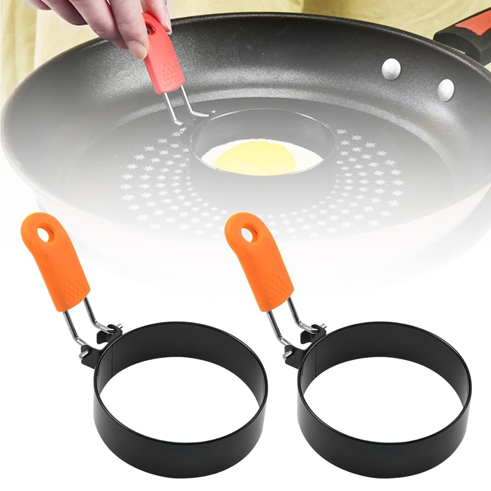 Egg Rings for Frying, 2024 New Stainless Steel Egg Rings Round Egg Cooker Rings, Pancake Shapers with Orange Silicone Handle Non-stick Egg Molds for Kitchen Breakfast Tool Egg Shaper (A-2Pcs Orange)