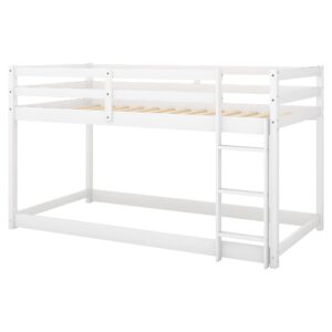 LUSPAZ Twin Over Twin Size Wood Floor Bunk Bed Frame with Ladder for Kids, Transitional Style Safety Design Bunk Bed, Easy Assembly, No Box Spring Required, for Kid's Room or Dormitory, White