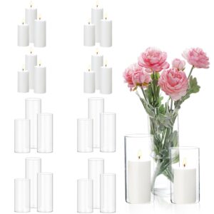 pnjhdz 24 pcs white pillar candles and glass candle holders, clear cylinder vases pillar candle holders for pillar candles, hurricane candle set for wedding party, event, home office decor