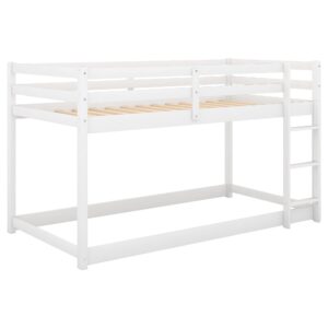 LUSPAZ Twin Over Twin Size Wood Floor Bunk Bed Frame with Ladder for Kids, Transitional Style Safety Design Bunk Bed, Easy Assembly, No Box Spring Required, for Kid's Room or Dormitory, White