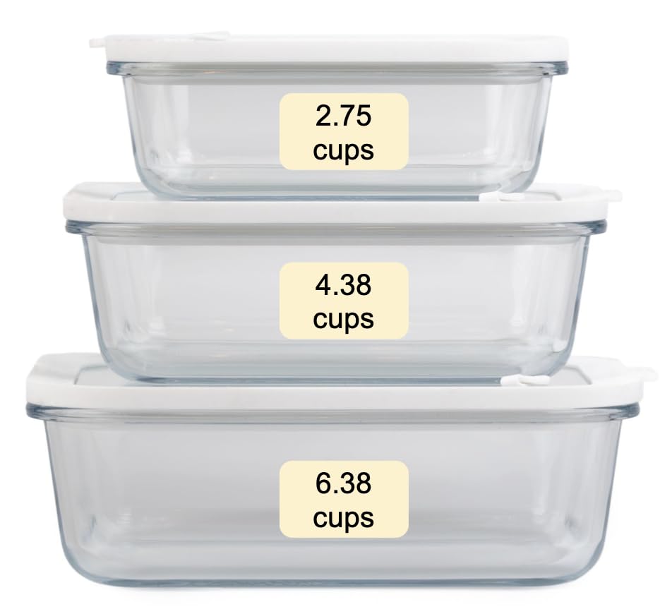 Sio GLASS storage containers with GLASS lids, NO PLASTIC, Set of 3, Airtight Small Medium Large for Food Meal Prep, Silcone Snapware Bowl Container