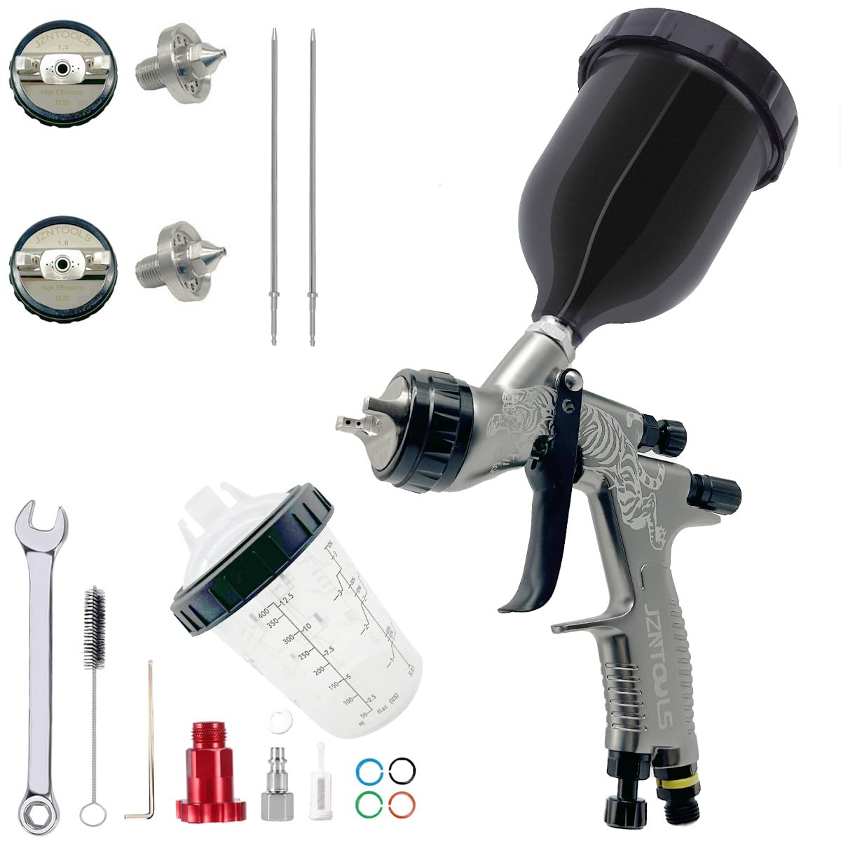 HVLP Spray Gun, 1.3 mm and 1.8 mm Stainless Steel Air Spray Gun, 600 ml and 400 ml Mixing Cup Gravity Feed Paint Sprayer for Paint and Varnish. (Black)