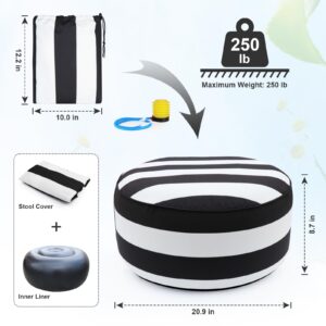 Iheqard Inflatable Outdoor Ottoman for Patio Waterproof Garden Footstool, D21 x H9 Portable Inflatable Foot Rest for Air Travel, Round Pouf for Camping,Home and Pool (Cabana Black)