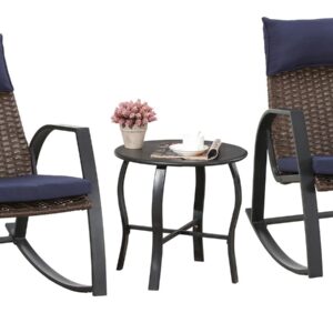 ARTLOFT 3 Piece Rocking Bistro Set Wicker Patio Outdoor Furniture Porch Chairs Conversation Sets with Coffee Table for Balcony, Garden, Backyard (Blue)