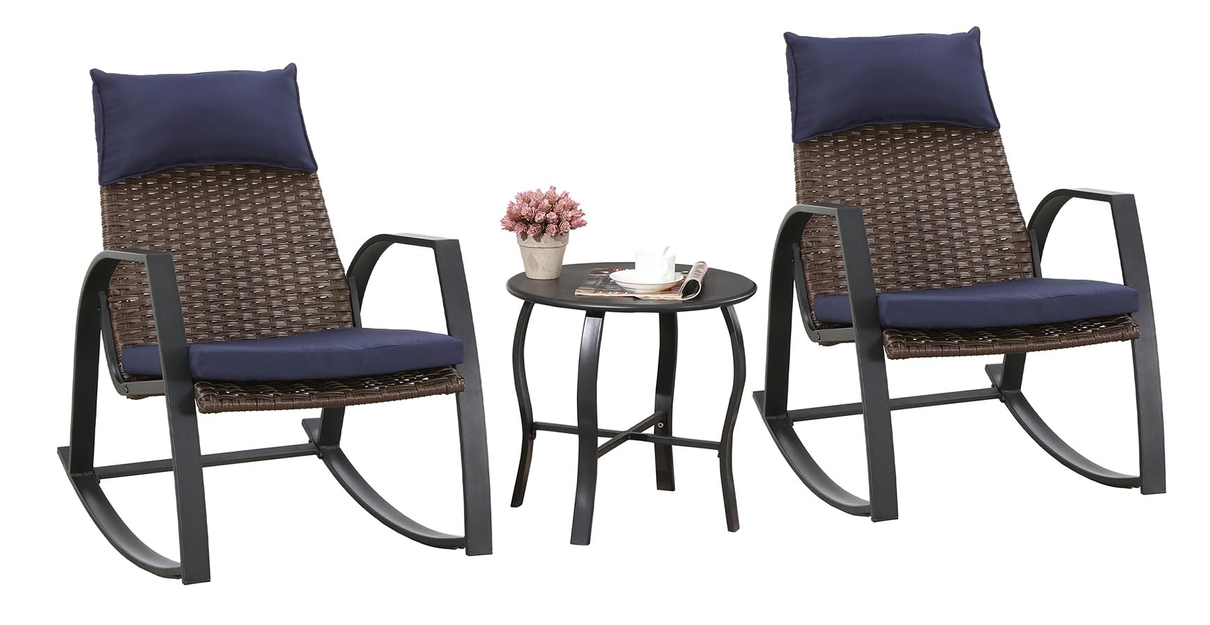 ARTLOFT 3 Piece Rocking Bistro Set Wicker Patio Outdoor Furniture Porch Chairs Conversation Sets with Coffee Table for Balcony, Garden, Backyard (Blue)